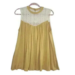Ee:some Mustard Yellow Tunic White Lace Top  Sleevess Size L Boho *See Descripti